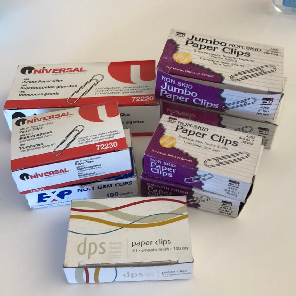 8 packs of paperclips, jumbo and small